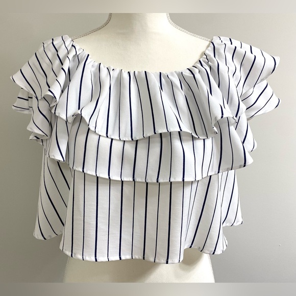 She + Sky Womens L White Blue Stripe Ruffle Flowy Crop Top Boho Y2K Maximalist - Picture 14 of 14